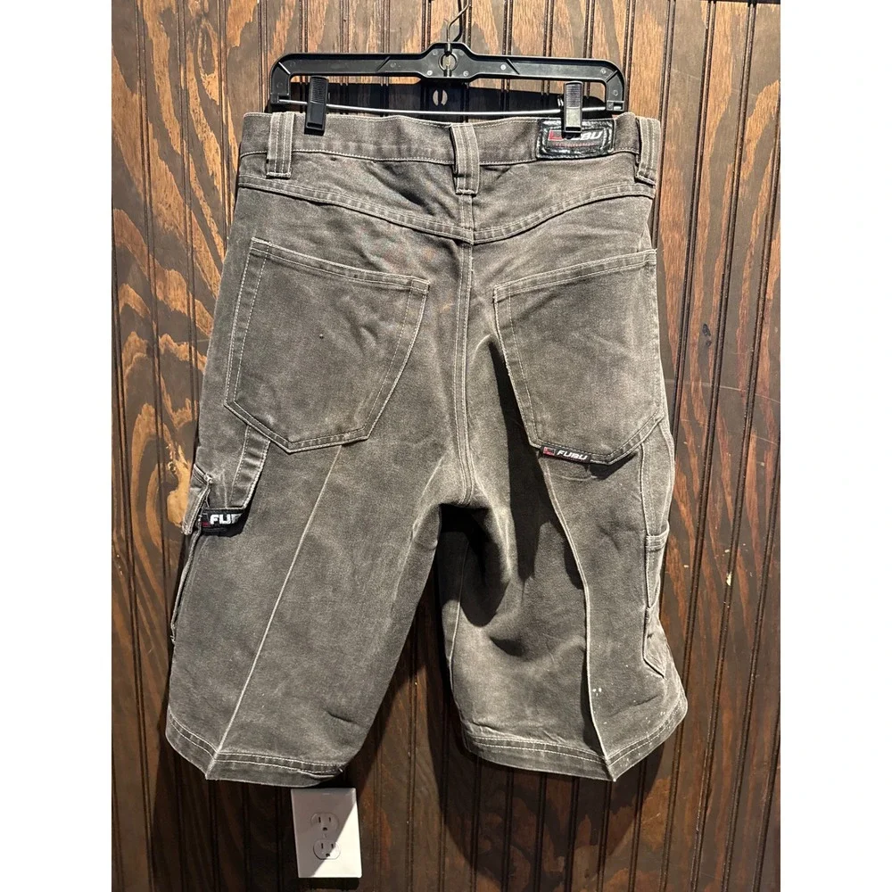 FUBU Mens Vintage Baggy Carpenter Denim Shorts Faded Cargo 32x14 Distressed